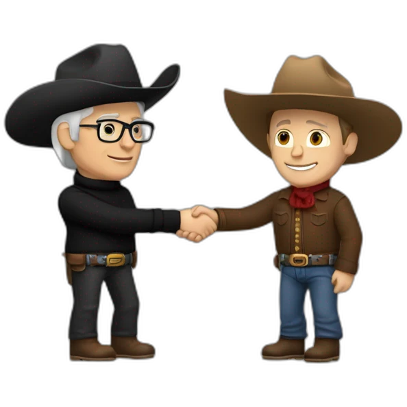 Tim Cook in black turtle neck shaking hands with a caucasian cowboy emoji