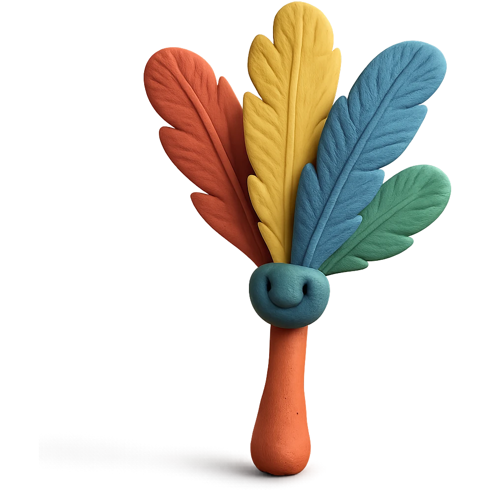 feather duster in claymation style with colorful feathers and a playful look emoji