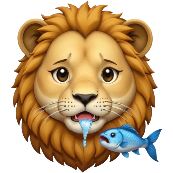  A lion eating a fish, feeling sad, cry, tear falling from eyes, portrait, bust up emoji