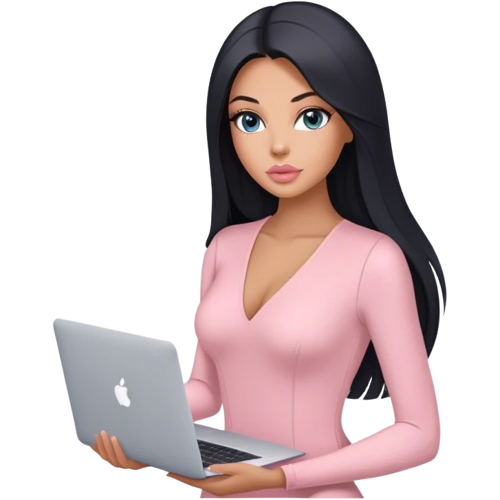 Glamours, tanned, very beautiful girl, with big pump peach-beige-rose lips, black straight smooth silky long hair, straight parting, blue-grey eyes, in light-pink bodysuit holding MacBook emoji