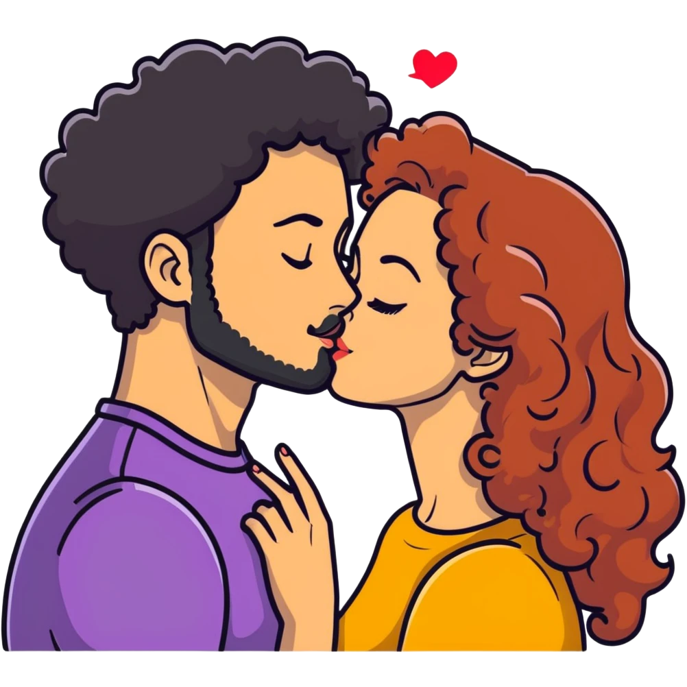 Curly haired girl kissing straight hair man with beard, romantic couple emoji