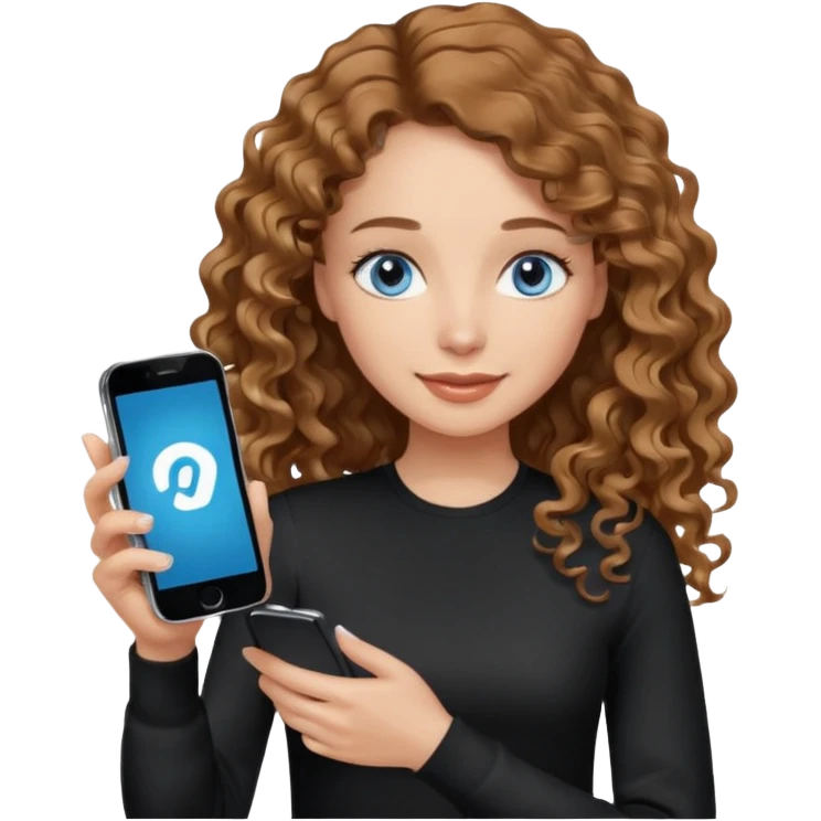generate a pretty woman with blue eyes, light skin and medium brown long wavy almost curly shiny hair holding a phone she is looking at the phone while looking down at the screen. she is wearing an ALL black long sleeve. she is smiling emoji