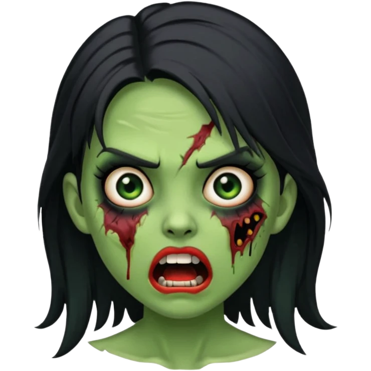 green-skinned zombie girl with black mid-length hair and black eyes, mouth open in shock, wound on cheek, iOS style emoji emoji