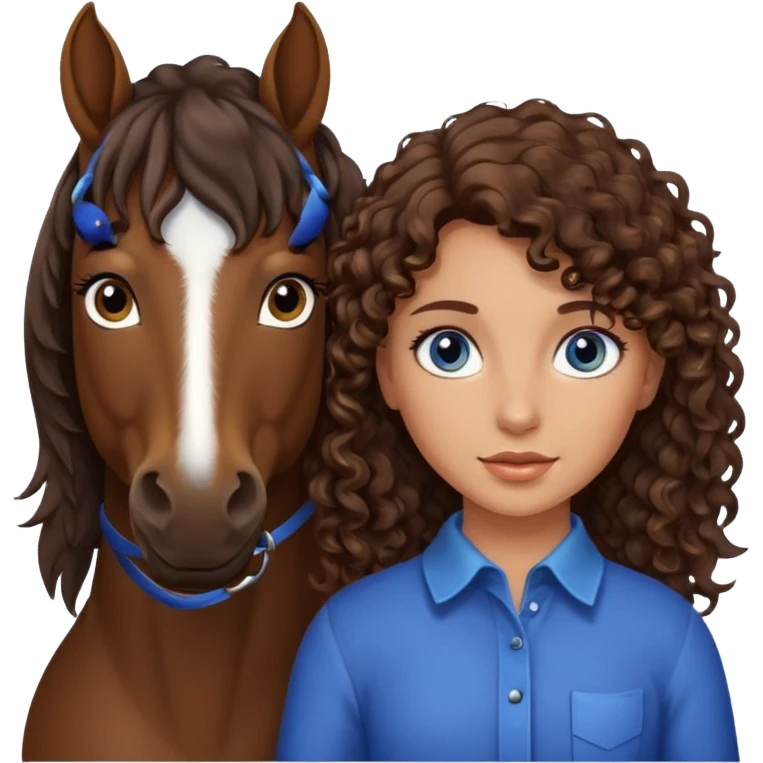 Tan Girl with brown curly hair and blue eyes with an all dark brown horse that has straight hair emoji