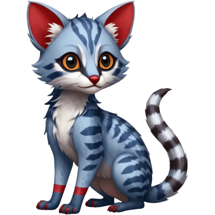 White and blue and red Asian painted anime-styled big-eyed shiny glorious divine marked exotic cool beautiful realistic Lykoi-civet-genet-sergal-ocicat-oncilla-animal-Fakémon-hybrid-fursona (full body) emoji