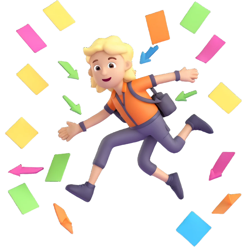 3D icon of a jumping character multitasking, arrows pointing in multiple directions, energetic motion, playful chaos, dynamic planning style, floating sticky notes, spark effects, vibrant lighting, bright colors emoji
