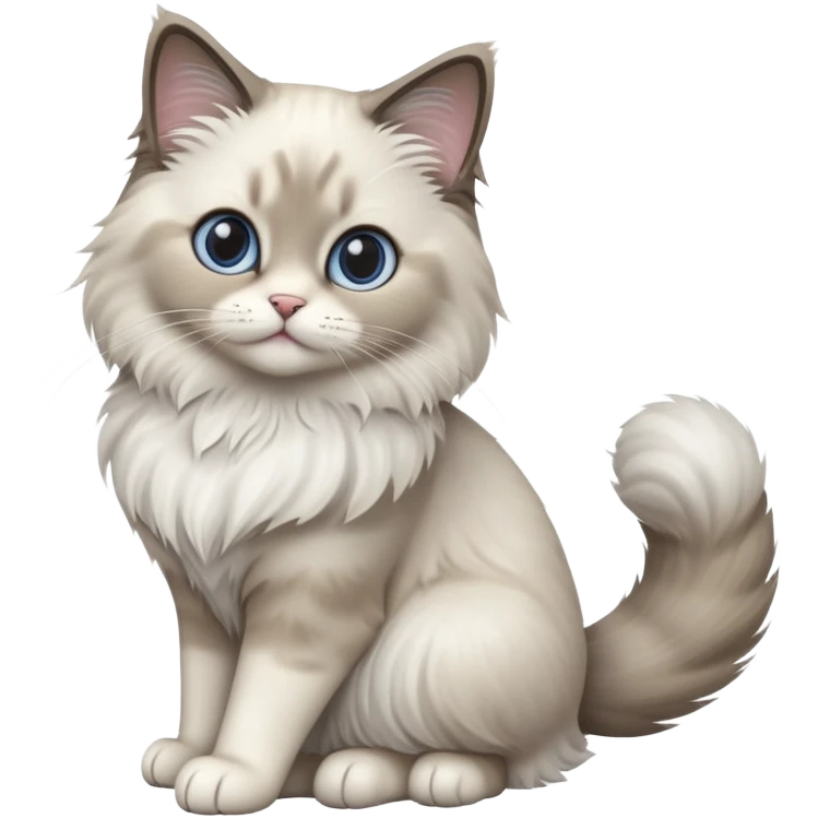 cinematic-[Ragdoll cat]-realistic-full-body-sitting-emoji,-tail-curled-playfully-around-its-paws,-head-tilted-dramatically,-fluffy-[grey ragdoll cat]-fur,-simplified-yet-realistic-focused-features,-highly-detailed,-glowing-with-an-almost-sarcastic-glow emoji
