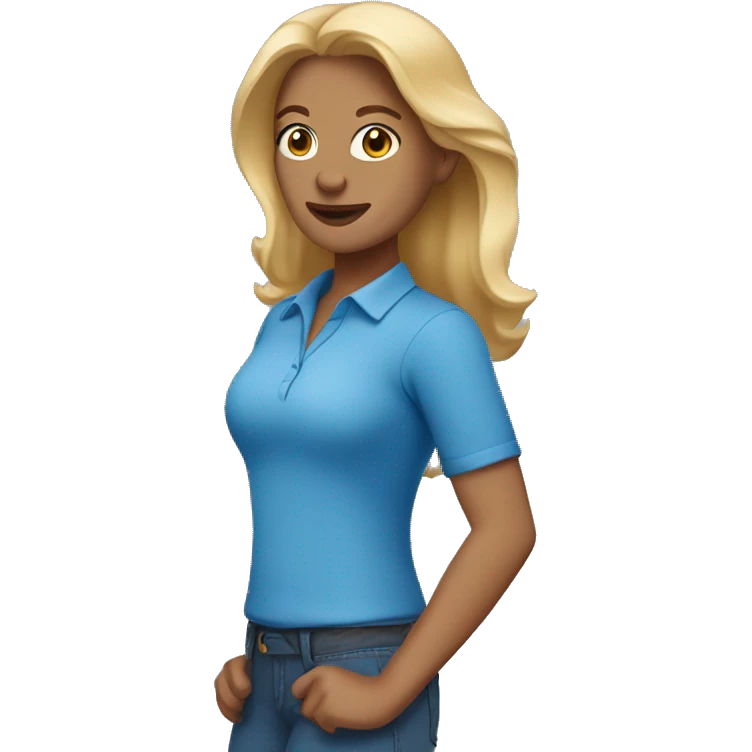 Woman with blonde hair and blue shirt and red pants and medium skin emoji