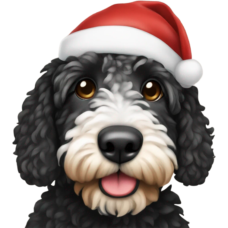 Black,white,tan bernadoodle in Santa hat emoji