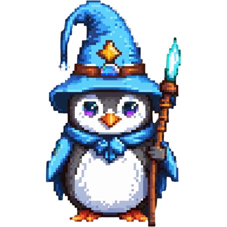 penguin wizard with a staff and wizard hat emoji