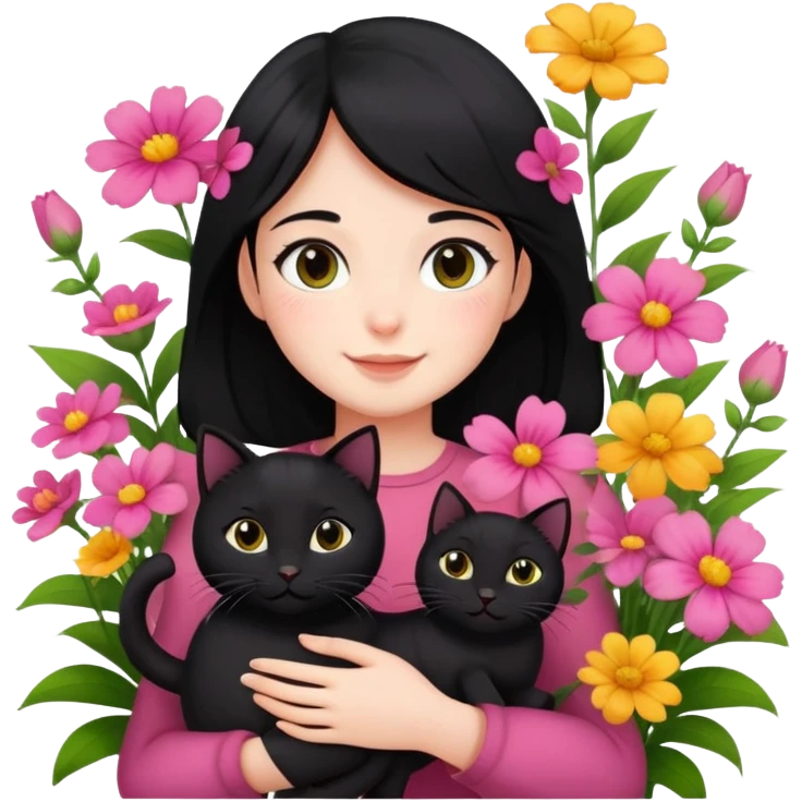 A black-haired girl happily holds a black cat in the flowers emoji