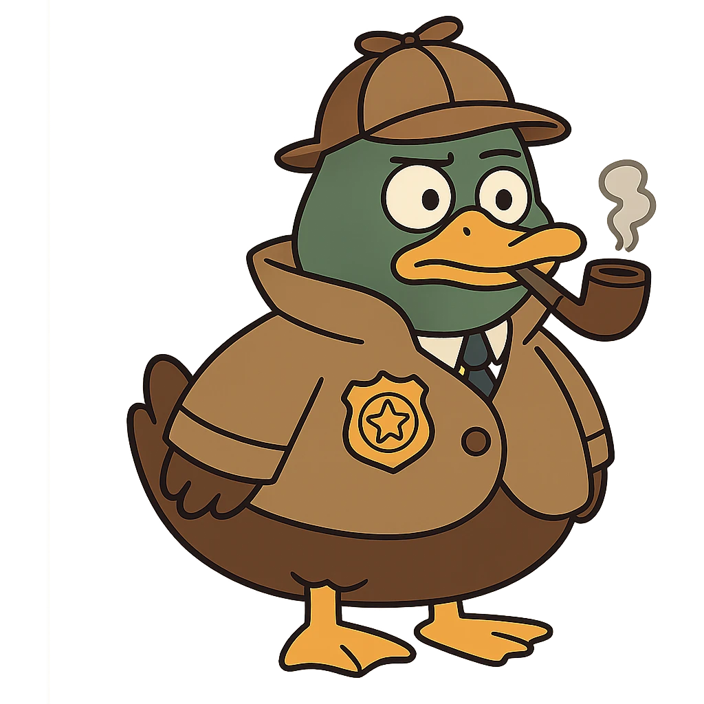 mallard duck as a detective, cute and chubby, with a pipe and a detective badge, playful cartoon style emoji