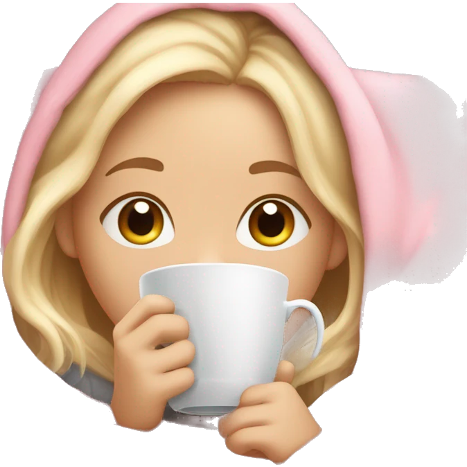 Girl with blonde Hair and Hazel eyes cuddled up in a pink blanket sipping on tea  emoji