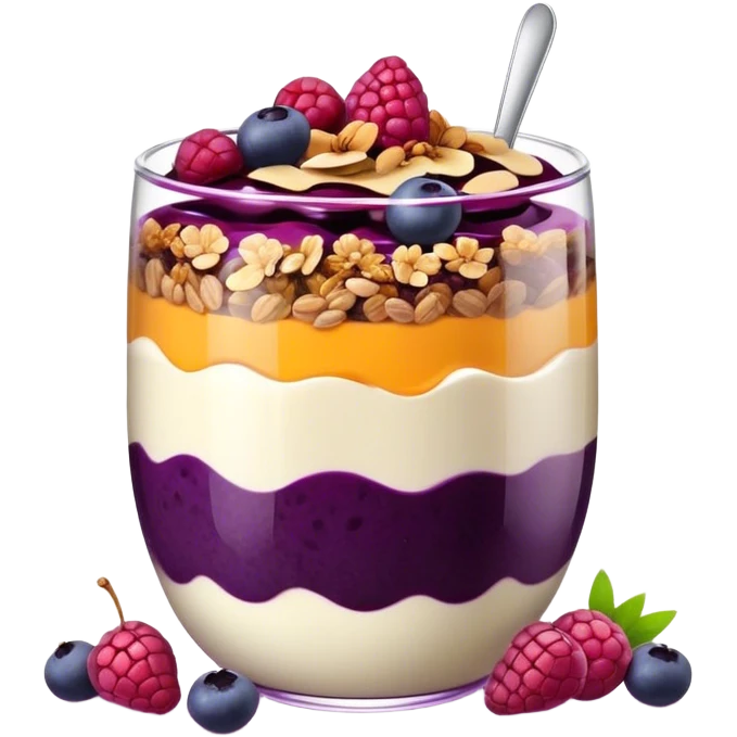 Açaí in a clear cup with layers of fruits and granola and condensed milk Burgundy emoji