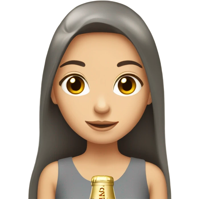 girl with long brown hair and grey eyes with bottle of champagne  emoji