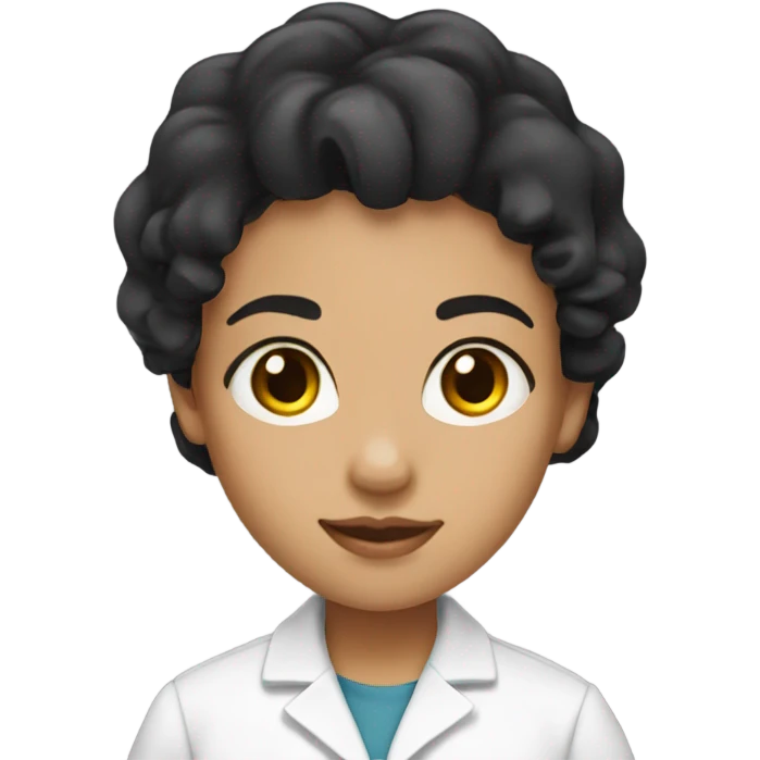 girl emoji. she has short curled black hair. she has brown eyes and a lab coat on. she has small gold hoop earrings and a gold chain necklace.  emoji