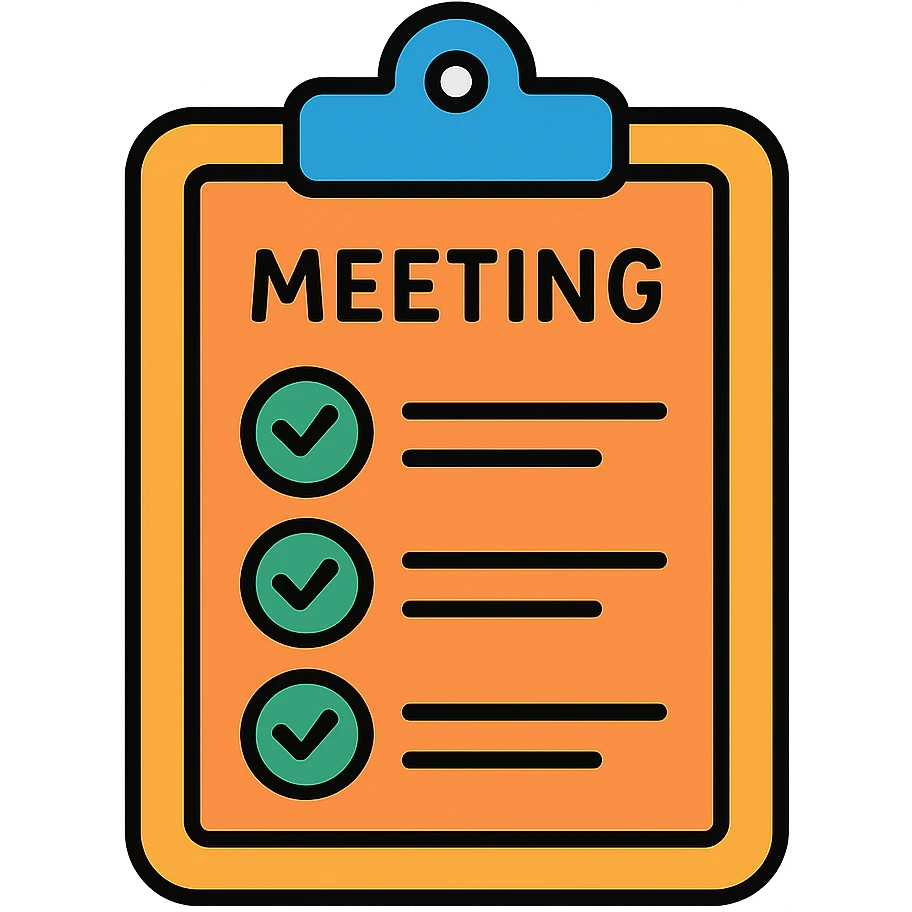 A clipboard with a checklist of meeting agenda items, organized neatly with bullet points emoji
