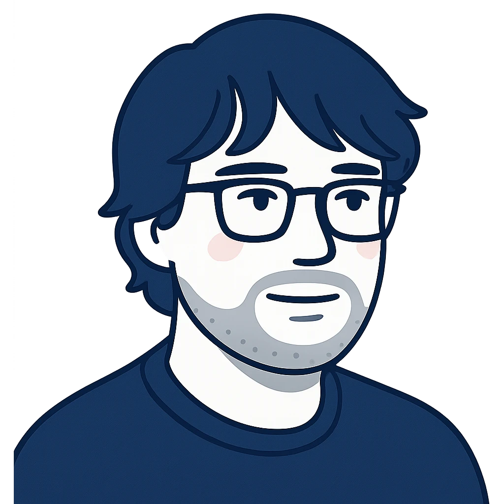 A thoughtful man with rectangular glasses, fashionably tousled longer hair with trendy bangs that frame the face nicely, a naturally round face, and a slightly wider nose. Use dark blue for all main features and line work, minimal pink highlights only on the cheeks, and light gray tones only for the neat short beard and subtle shadows. emoji