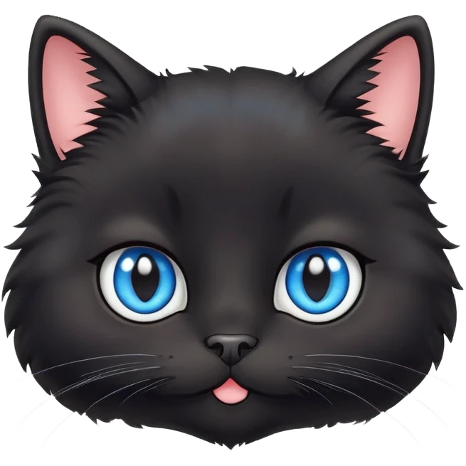 super cute fluffy black cat face with big adorable blue eyes, kawaii style, round face, very cute expression emoji