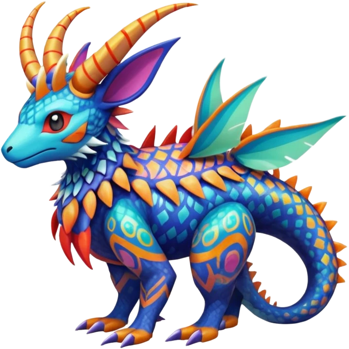 Colorful Exotic La Creatura Pokémon-Fakémon-hybrid-creature (full body) with tribal intricate splash-markings and patterns and furs and scales and spikes and fins and horns  emoji