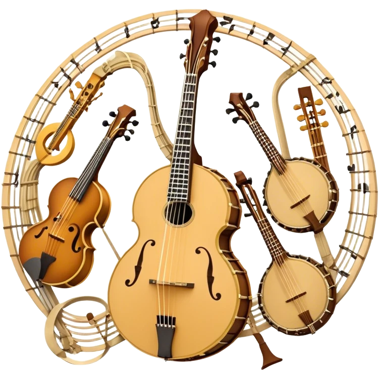 Design a complex and festive emblem-like emoji representing plucked string instruments, such as a banjo, mandolin, domra, sitar, and similar instruments. The composition should resemble a heraldic crest, with the instruments arranged symmetrically and gracefully, their necks intertwining with a flowing ribbon of musical notes. The ribbon should weave through the strings and headstocks, symbolizing the harmonious connection between the instruments. Use detailed engraving on the instrument bodies and fretboards to emphasize their craftsmanship. Incorporate rich, celebratory colors like gold, mahogany brown, deep green, and vibrant accents. Add subtle shading and light reflections to create a three-dimensional, polished look. Include ornate elements like swirls, laurel leaves, and decorative flourishes to enhance the festive and professional appearance. The background should be transparent to highlight the emblem as a standalone piece. emoji