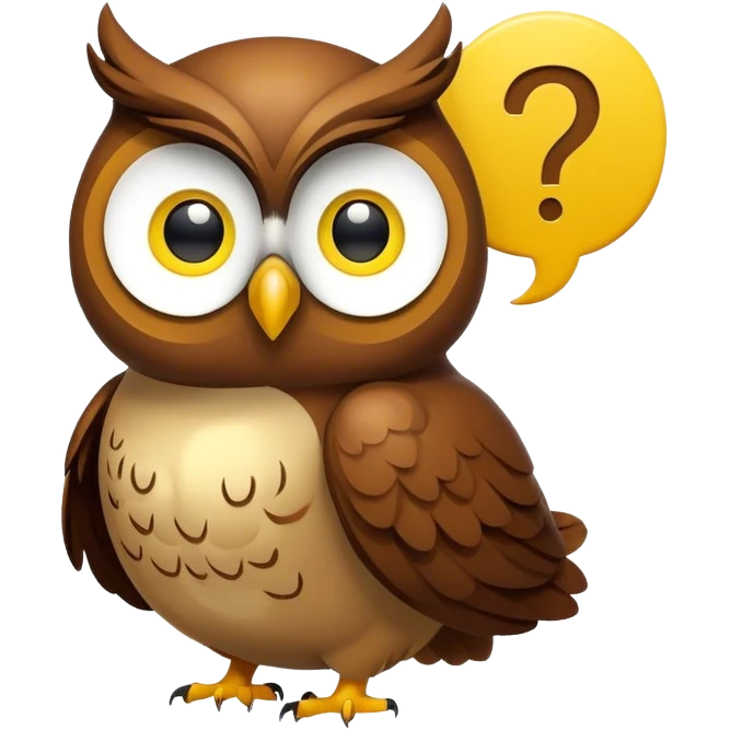 Brown owl with a yellow question mark inside a thought bubble emoji