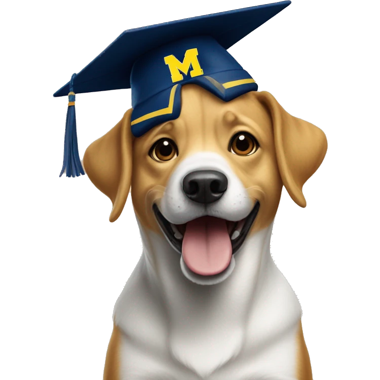 Happy dog wearing University of Michigan hat emoji