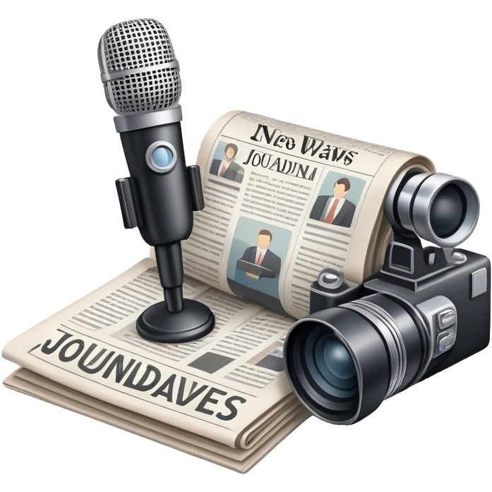 An icon featuring a microphone, a newspaper, a reporter’s camera, and soundwaves, representing journalism and mass media. The design includes headlines and imagery, symbolizing the spread of news and information. Transparent background highlights the power of communication and media. emoji