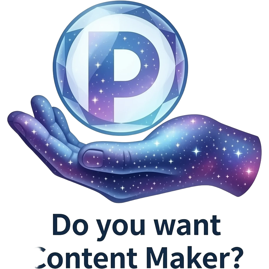 An ethereal hand made of starlight holding a crystalline Patreon logo. Text below: 'Do you want Content Maker?'. Glowing nebula colors, isolated on white, bold 3D icon emoji