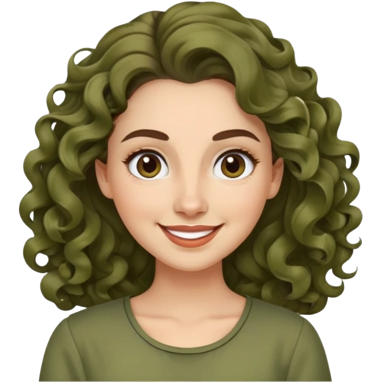 Mujer, cara redonda, cejas definidas, pelo muy largo rizado, peinado hacia atrás con bucles sueltos al frente. Sonrisa amplia, expresión alegre. Blusa verde olivo emoji