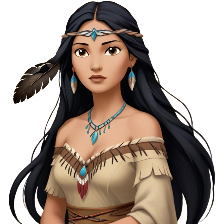 Cinematic Realistic Pocahontas Portrait, depicted with lifelike skin texture, soft natural lighting, and intricately detailed long, flowing raven-black hair that moves gracefully in the wind. Her deep, soulful dark brown eyes exude wisdom and strength, complemented by a serene yet powerful expression. She is dressed in her classic one-shoulder native american dress, with rich fabric textures and delicate beaded details that catch the light beautifully. The portrait features a soft, sun-kissed glow with a natural, radiant finish, capturing the essence of untamed beauty and deep connection to nature in a realistic and painterly style, evoking a sense of depth and authenticity. emoji