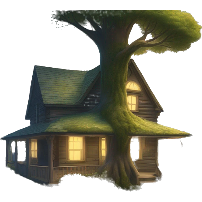  very very big Cabin near a big tree.  Thick moss growing on the roofs. grass fields. porch lights turned off. bright white interior lights turned on. guests sitting in chairs on the porch, flowers and bushes are yellow and blue. emoji