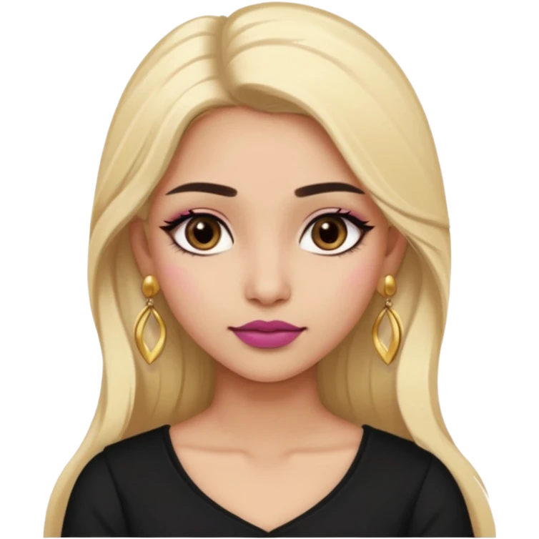 Sweet Indian girl blond long hair darkbrow  eyes brown/pink lipstick blush, black top gold earrings brown eyebrows  emoji