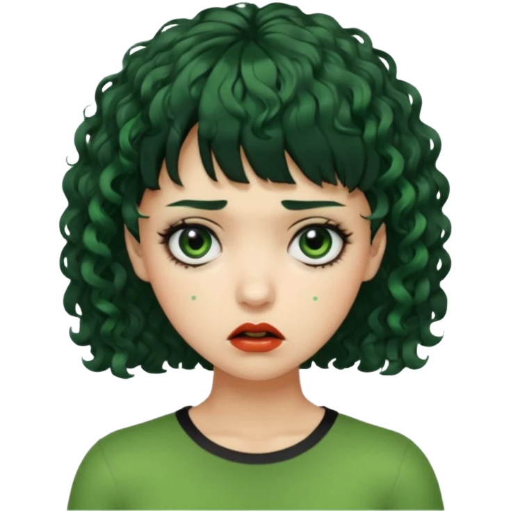 quero que você cria uma mulher, o rosto dela. nela, ela tem cabelo curto e ondulado, tem franja e ela tem semblante triste, deixe ela com pele verde e com cabelo cacheado( ela tem que ter semblante assustador e muito triste, ela pode ter olhos totalmente preto ou vermelho) emoji