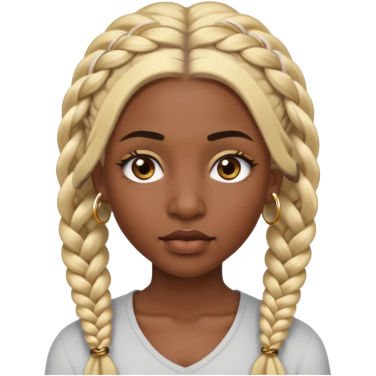 A dark-skinned woman with long blonde hair styled into two thick braids. She has large golden-brown eyes and arched eyebrows. Her face is decorated with piercings: a silver eyebrow ring, a nose stud, and a lip ring. emoji