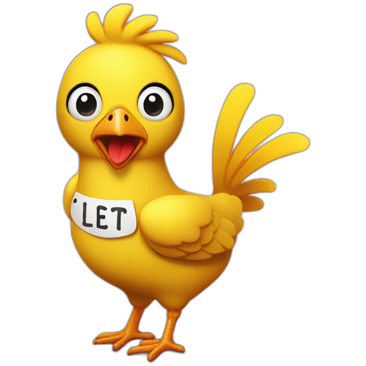 Chica is a yellow animatronic chicken with a bib with an inscription Let's eat emoji