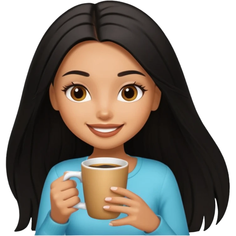 a pretty tan bratz girl with black long straight hair smiling and drinking coffee emoji