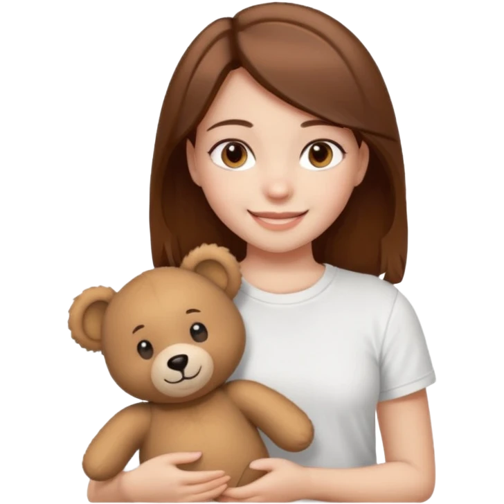 A Girl with Brown hair and Brown eyes with a t-shirt White. The t-shirt have dels a Teddy coquette bear. The Girl have White skins and she is smiling emoji
