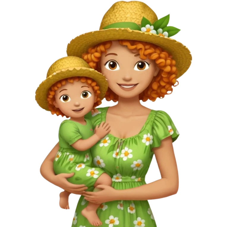 A cheerful orange curly hair mom in a straw hat carrying her child, wearing a green flowery dress emoji