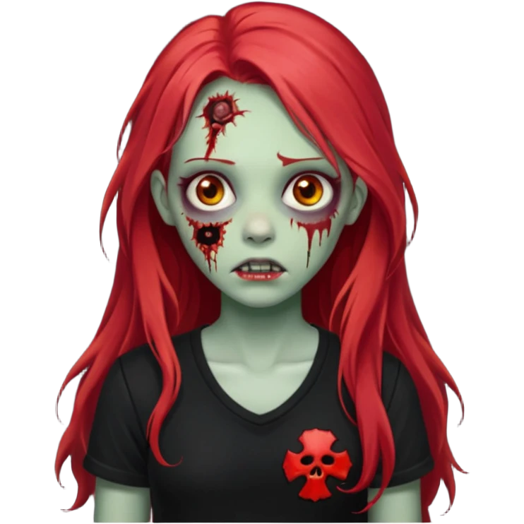 zombie girl with long red hair with black shirt that says lei emoji