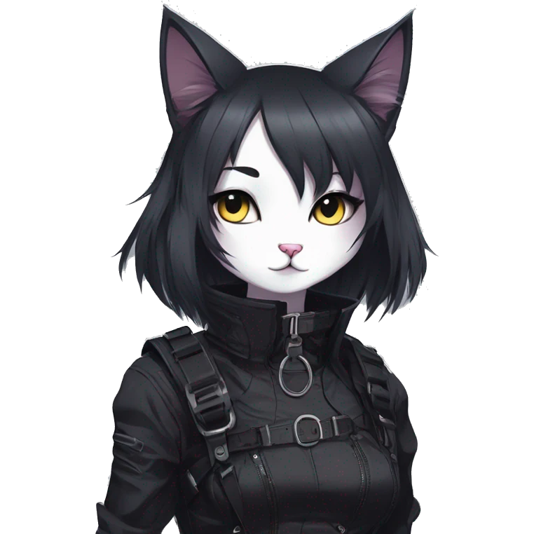 Gorgeous gothic dark techwear anime style anthro cat with blushing face aesthetic and pretty edgy black with collar and harness trending style emoji