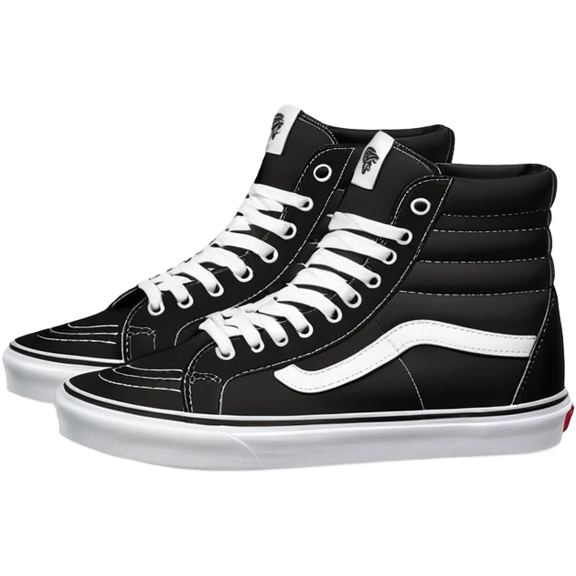 Two black Vans Sk8-Hi high top sneakers positioned in a staggered arrangement with one behind the other, classic black with white sidewall stripe, white laces and rubber toe cap emoji