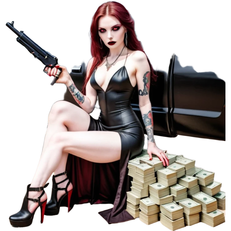 Lilith symbol red eye seductress evil long brown haired sexy succubus woman with leather long dress with slit, sitting in Big Large F350 pickup truck. Black Platform high heels on feet. Tattoo sleeve arms, seat full of stacks of cash, and a man dead human skull of her enemies and a gun in other hand emoji