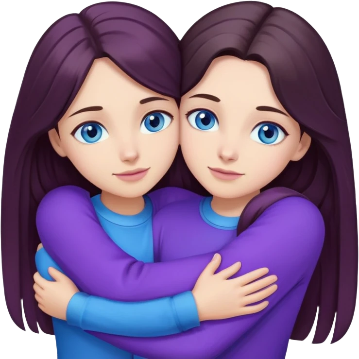 long brunette hair girls with blue eyes hugging eachother in purple and blue clothes emoji