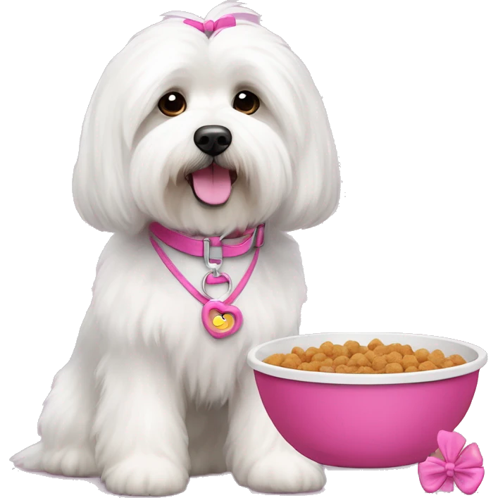 Long haired Coton de Tulear dog with pink harness and pink hair bow, pink dog bowl with kibbles, her name is Zoey emoji