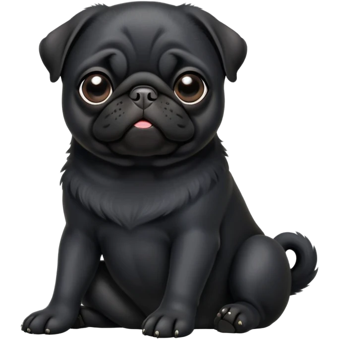 cinematic-[black pug]-realistic-full-body-sitting-emoji,-tail-resting-loosely-beside-its-paws,-head-tilted-dramatically, -sleek-[black]-fur,-simplified-yet-realistic-focused-features,-highly-detailed,-glowing-with-an-almost-sarcastic-glow emoji