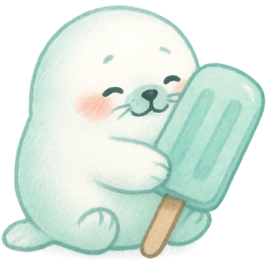 a tiny refrigerator soft fluffy seal hugging a popsicle, blushing, soft mint tones, full-body emoji