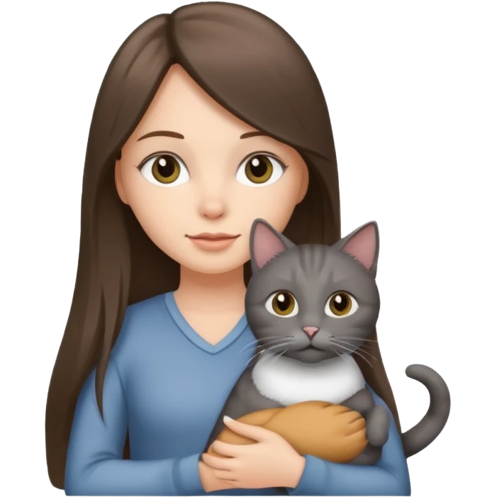 a white girl with brunette long straight hair holding a grey cat. emoji