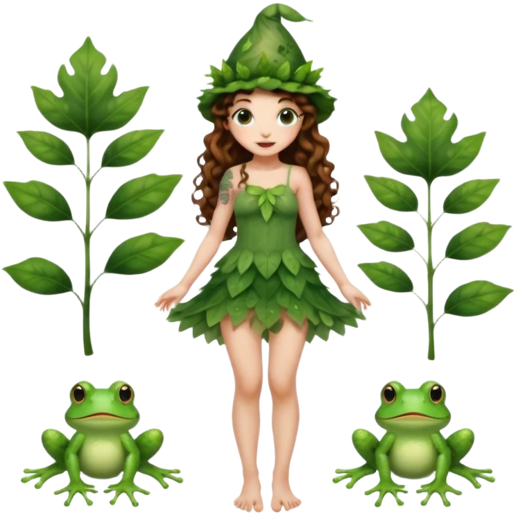 full body woman long curly brown hair brown eyes white skin tattoos wearing cute frog hat and sheer leaf dress, barefoot, flirty forest fairy pose emoji