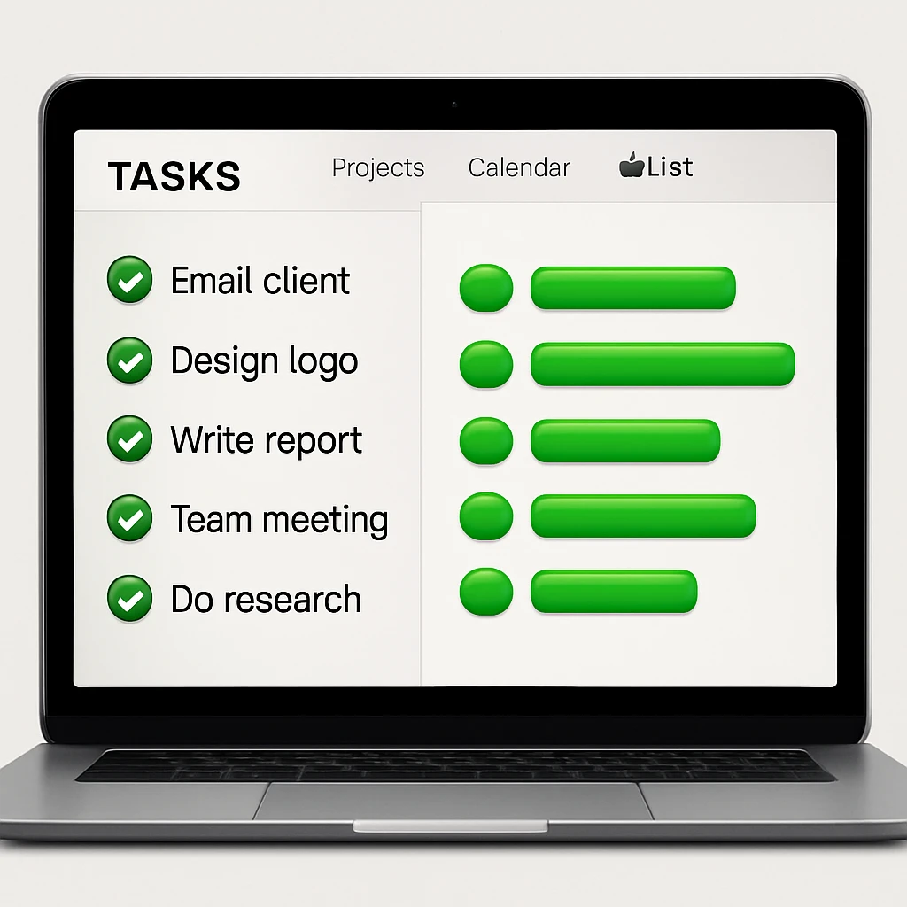 Make the bar charts on the MacBook's task management app screen green in the style of apple style emojis emoji